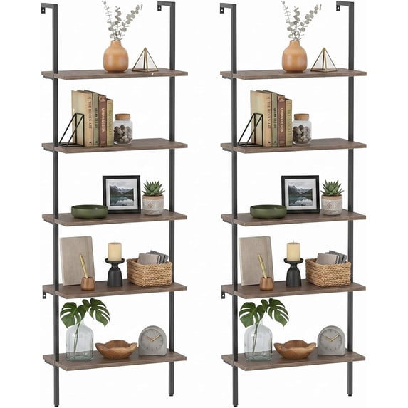 Ladder Shelf 2PCS Open Bookshelf 5-Tier Wall-Mounted Wood Bookcase Rack Open Back Industrial Modern Plant Flower Stand Utility OrganizerMetal Frame Furniture Office Kitchen Bedroom (Brown)