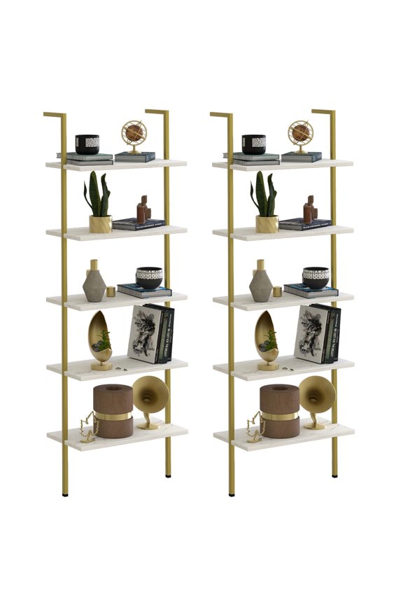 Ladder Shelf 2PCS White Marble Bookshelf 5-Tier Wall-Mounted Wood Rack Open Industrial Modern Plant Flower Stand Utility Organizer Bookcase Metal Frame Furniture Office Kitchen Bedroom