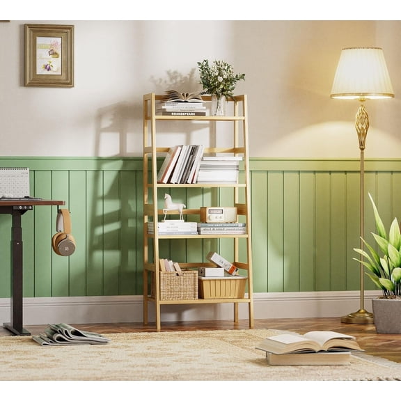 Ladder Shelf, 4-Tier Bookshelf, Bamboo Leaning Bookcase, Display Storage Rack Organizer, Freestanding Flower Plant Stand for Living Room, Home Office, Kitchen