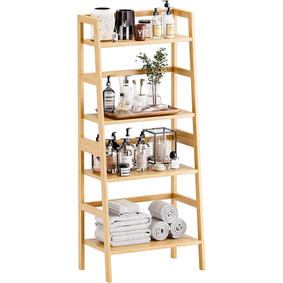 Ladder Shelf, 4-Tier Bookshelf, Bamboo Leaning Bookcase, Display Storage Rack Organizer, Freestanding Flower Plant Stand for Living Room, Home Office, Kitchen, Natural