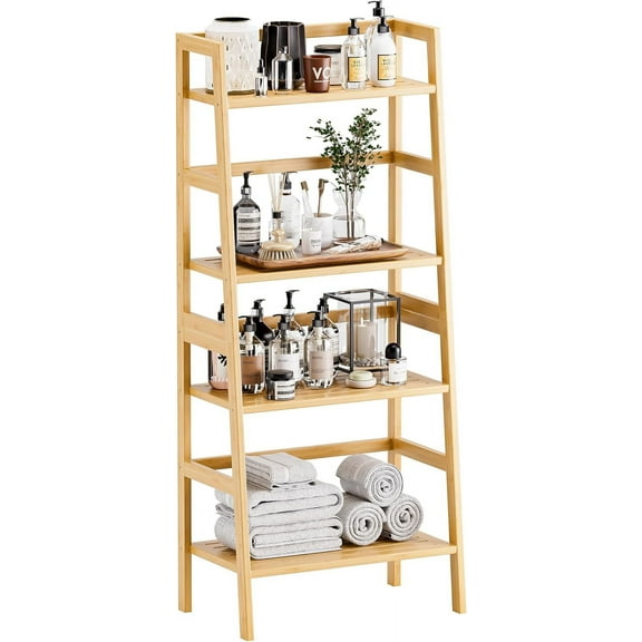 Ladder Shelf, 4-Tier Bookshelf, Bamboo Leaning Bookcase, Display Storage Rack Organizer, Freestanding Flower Plant Stand for Living Room, Home Office, Kitchen, Natural