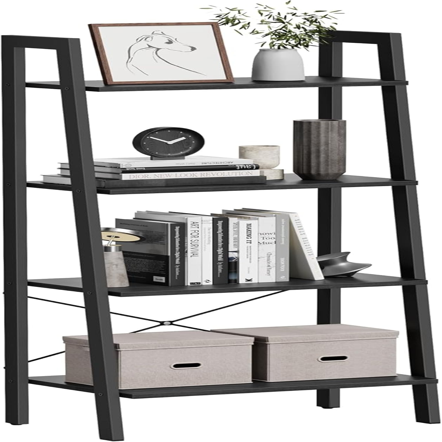 Charcoal Gray and Black 4-Tier Adjustable Ladder Shelf