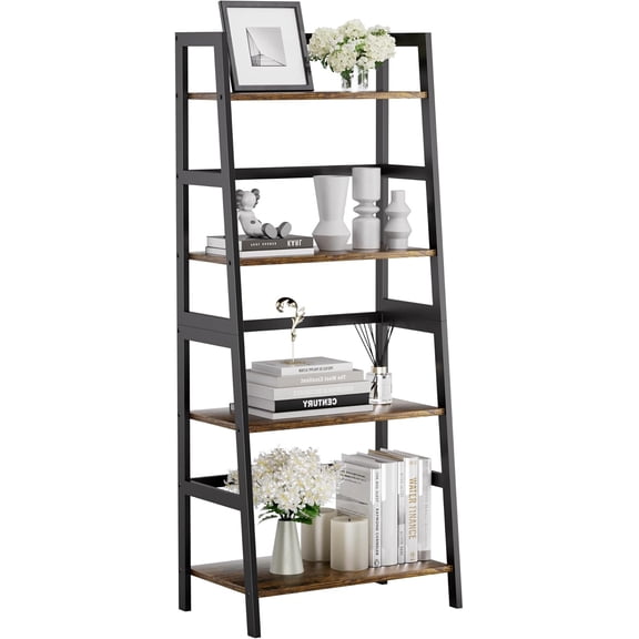 Ladder Shelf, 4 Tier Bookshelf with Bamboo Frame, Freestanding Bathroom Storage Shelving Unit for Living Room, Home Office, Bedroom, Rustic Brown and