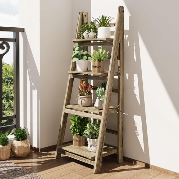 Ladder Shelf 4-Tier Foldable Wooden Ladder Bookshelf Plant Stand | Folding Wooden Ladder Bookshelf, Plant Stand for Small Space, Display Rack for Living Room, Bedroom, Balcony, Natural Wood