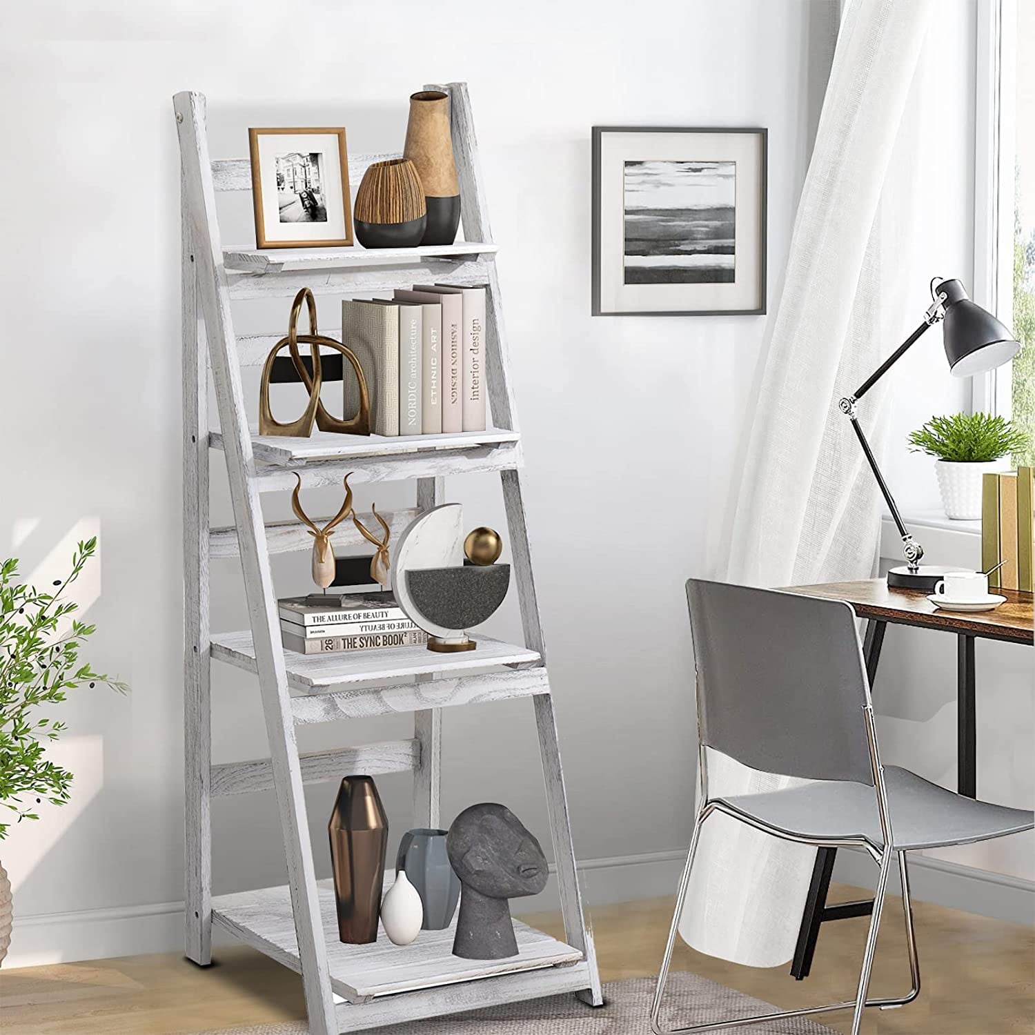 Ladder Shelf, 4Tier Home Office Ladder Shelf, Small Bookshelf, Leaning