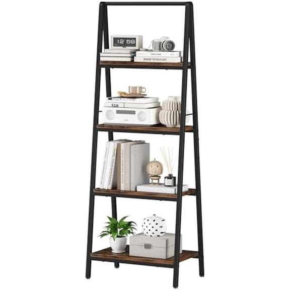 Ladder Shelf, 4-Tier Leaning Ladder Bookshelf, Rustic and Wood Ladder Shelf Bookcase, Industrial Ladder Shelf Storage Rack for Home Office, Bedroom, Bathroom or Kitchen$$Furniture