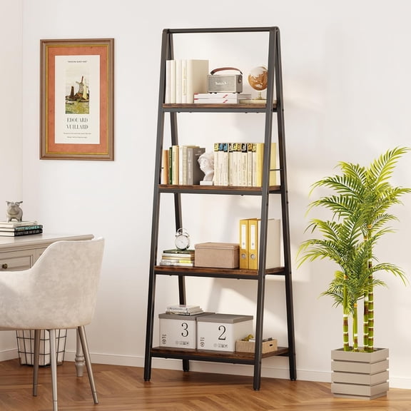 Ladder Shelf, 4-Tier Leaning Ladder Bookshelf, Rustic and Wood Ladder Shelf Bookcase, Industrial Ladder Shelf Storage Rack for Home Office, Bedroom, Bathroom or Kitchen