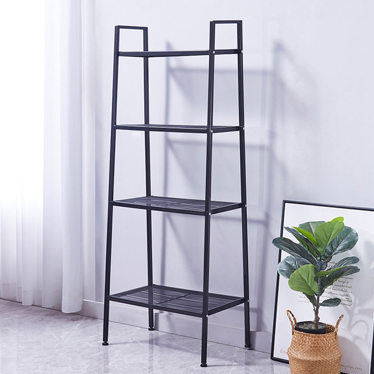 Ktaxon 4 Tier Metal Leaning Ladder Shelf Bookcase Bookshelf Storage Shelves  Unit Black