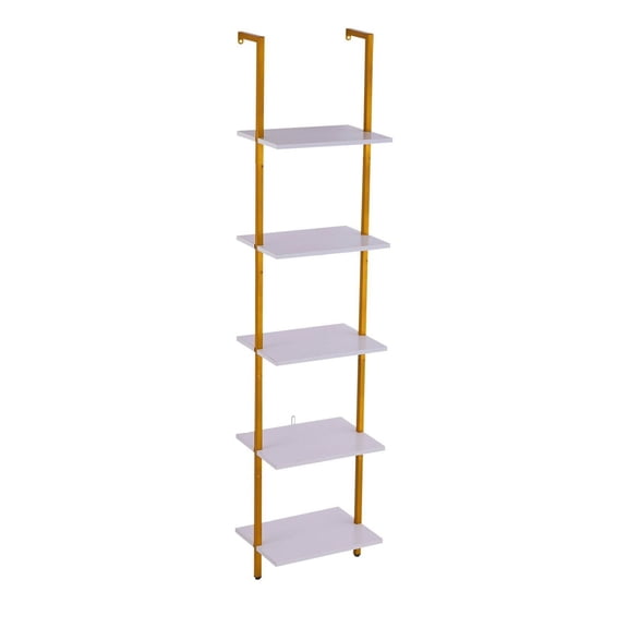 Ladder Shelf 5-Tier, 15.6x11.8in Metal Bookshelf, Wall Mounted Open Shelving Unit, Storage Rack for Bedroom, Kitchen, Living Room - Gold & White