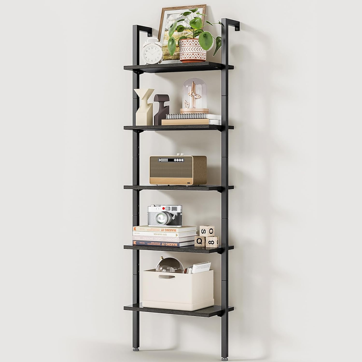 Ladder Shelf, 5 Tier Black Bookshelf, 72 Inch Wall Mounted Book Shelf ...