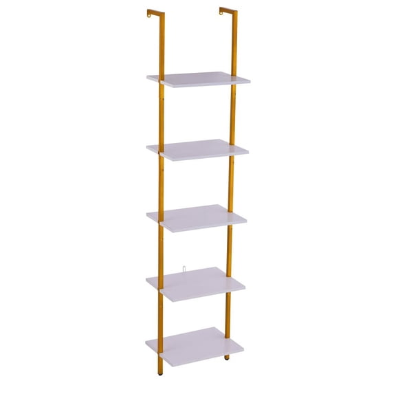 Ladder Shelf, 5-Tier Bookshelf 15.6x11.8in, Open Wall-Mounted Ladder Shelf with Metal Frame,Storage Rack Sundries Holder for Kitchen Bedroom Bathroom Living Room, Gold White