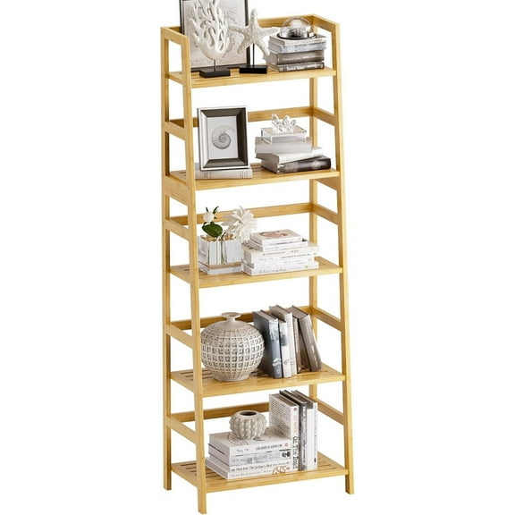 Ladder Shelf, 5-Tier Bookshelf, All Bamboo Heavy Duty Bookcase, Freestanding Open Wood Storage Rack, Modern Corner Display Plant Stand for Living Room, Home Office, Bathroom, Bedroom, Natural