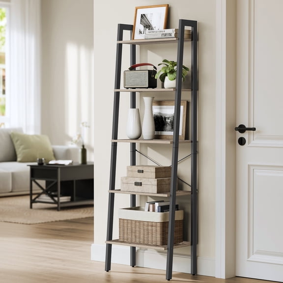 Ladder Shelf, 5-Tier Bookshelf, Storage Rack, Bookcase with Steel Frame, for Living Room Home Office, Kitchen, Bedroom, Industrial Style, Camel Brown + Black