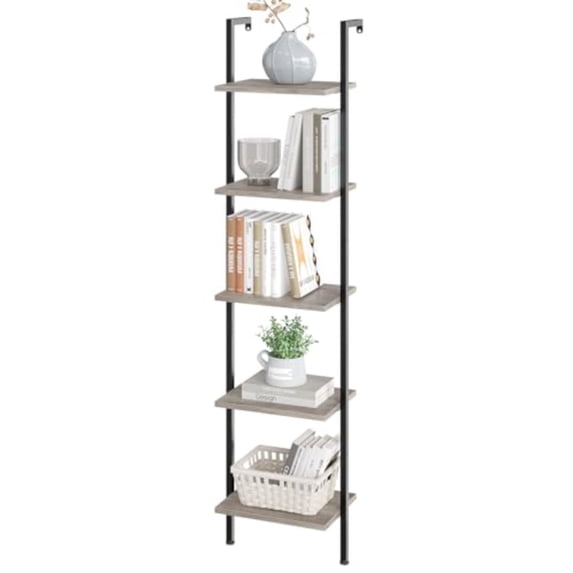 Ladder Shelf 5-Tier Wood Wall Mounted Bookshelf with Metal Frame Vintage Open Display Organizer Rack Leaning Storage Shelves for Living Room Bedroom Home Office Greige