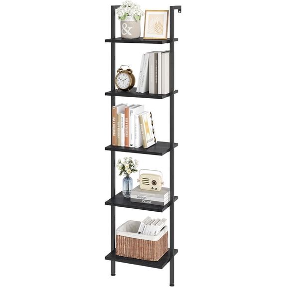 Ladder Shelf, 5-Tier Wood Wall Mounted Bookshelf with Metal Frame, Vintage Open Display Organizer Rack, Leaning Storage Shelves for Living Room, Bedroom, Home Office,