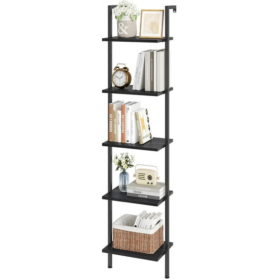 Ladder Shelf, 5-Tier Wood Wall Mounted Bookshelf with Metal Frame, Vintage Open Display Organizer Rack, Leaning Storage Shelves for Living Room, Bedroom, Home Office, Black