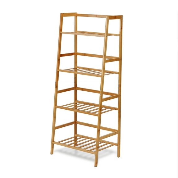 Ladder Shelf Bamboo Bookshelf 4 Tier Natural Color Modern Plant Flower Display Stand Shelf Rack For Storage Open Book Shleves and Bookcases Shelving for Living Room, Bedroom, Kitchen, Balcony