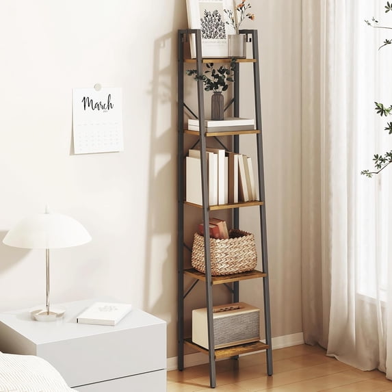 Ladder Shelf Bookshelf Bookcase Freestanding Corner Storage Shelve With 2 Hooks For Home Office Living Room Kitchen Bedroom Industrial 11.8" D X 13.4" W 63" H Rustic Brown Bc03201b