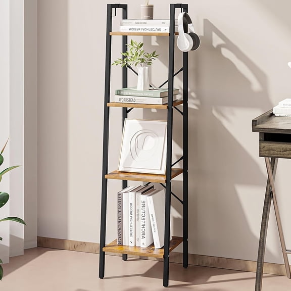 Hzuaneri Ladder Shelf, 47.2"H Industrial Freestanding Display Ladder Shelf with 2 Hooks, Multipurpose Unit for Home Office, Living Room, Kitchen, Bedroom, Rustic Brown