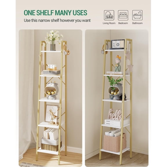 Ladder Shelf, Bookshelf Bookcase, Freestanding Corner Storage Shelve with 2 Hooks for Home Office, Living Room, Kitchen, Bedroom, Industrial, 11.8" D x 13.4" W x 63" H, White Gold BC03213G