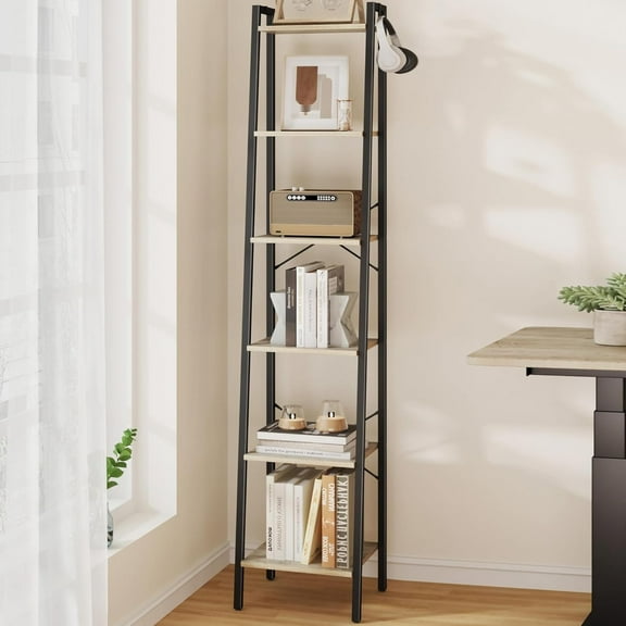 Ladder Shelf, Bookshelf Bookcase, Freestanding Corner Storage Shelve with 2 Hooks for Home Office, Living Room, Kitchen, Bedroom, Industrial, 6-Tier Greige