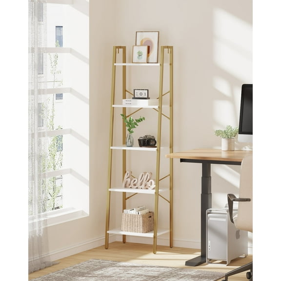 Ladder Shelf, Bookshelf Bookcase, Freestanding Corner Storage Shelve, 5-Tier White Gold
