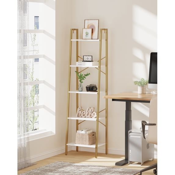 Ladder Shelf, Freestanding Corner Storage Shelve, 5-Tier White Gold