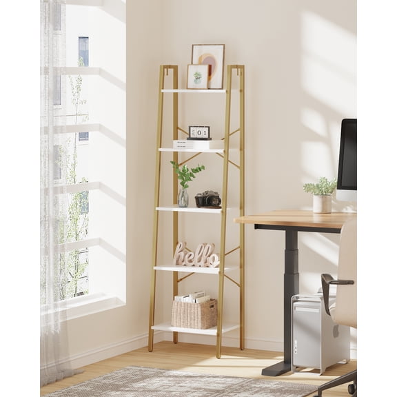 Ladder Shelf, Freestanding Corner Storage Shelve, 5-Tier White Gold