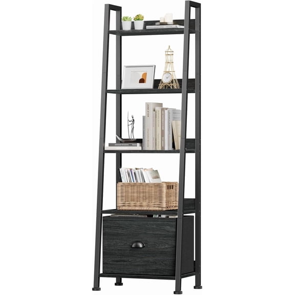 Ladder Shelf, Ladder Bookshelf with Drawer, Industrial 5 Tier Book Shelf, Display Open Bookcase Storage Shelves for Books, CDs, Photos, Black Shelving Unit for Home Office, Living Room