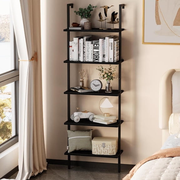 Ladder Shelf Open 5-Tier Bookshelf Wall-Mounted Black Wood Bookcase Storage Rack Open Industrial Modern Plant Stand Utility Organizer Bookcase Metal Frame Furniture Office Bedroom