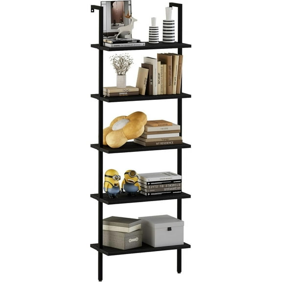 Ladder Shelf Open 5-Tier Bookshelf Wall-Mounted Black Wood Bookcase Storage Rack Open Industrial Modern Plant Stand Utility Organizer Bookcase Metal Frame Furniture Office Bedroom