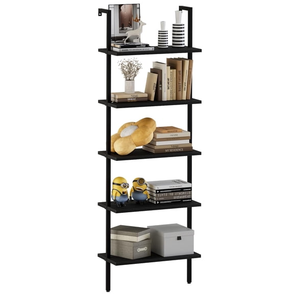 Ladder Shelf Open 5-Tier Bookshelf Wall-Mounted Black Wood Bookcase Storage Rack Open Industrial Modern Plant Stand Utility Organizer Bookcase Metal Frame Furniture Office Bedroom