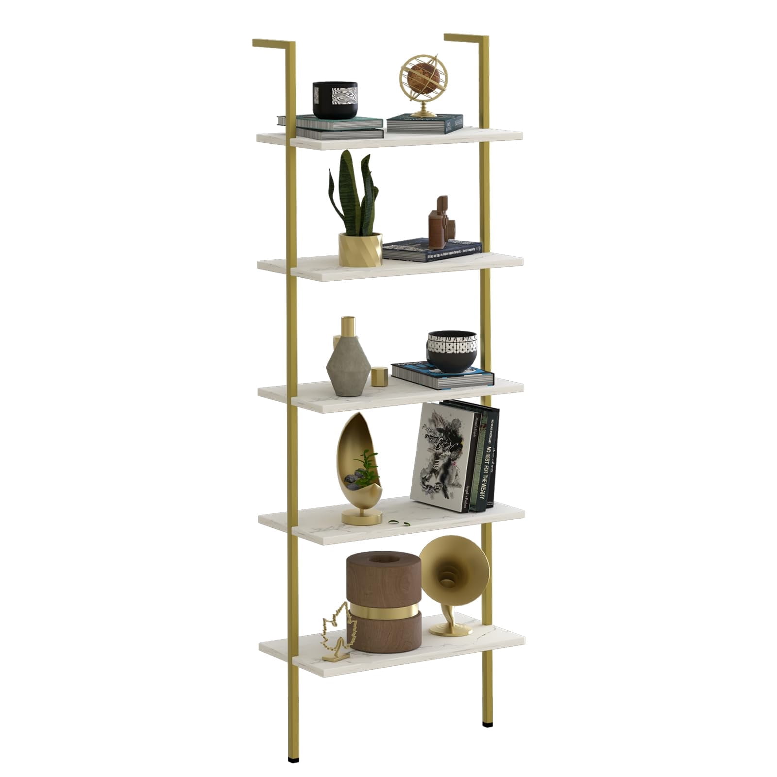 Ladder Shelf White Marble Bookshelf 5-Tier Wall-Mounted Wood Rack Industrial Modern Plant Flower Stand Utility Organizer Open Bookcase Metal Frame Furniture Office Kitchen Bedroom