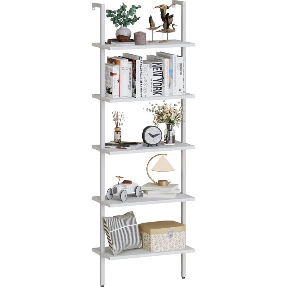 Ladder Shelf White Wooden Bookshelf 5-Tier Wall-Mounted Open Wood Rack Industrial Modern Plant Flower Stand Utility Organizer Bookcase Metal Frame Furniture Office Kitchen Bedroom
