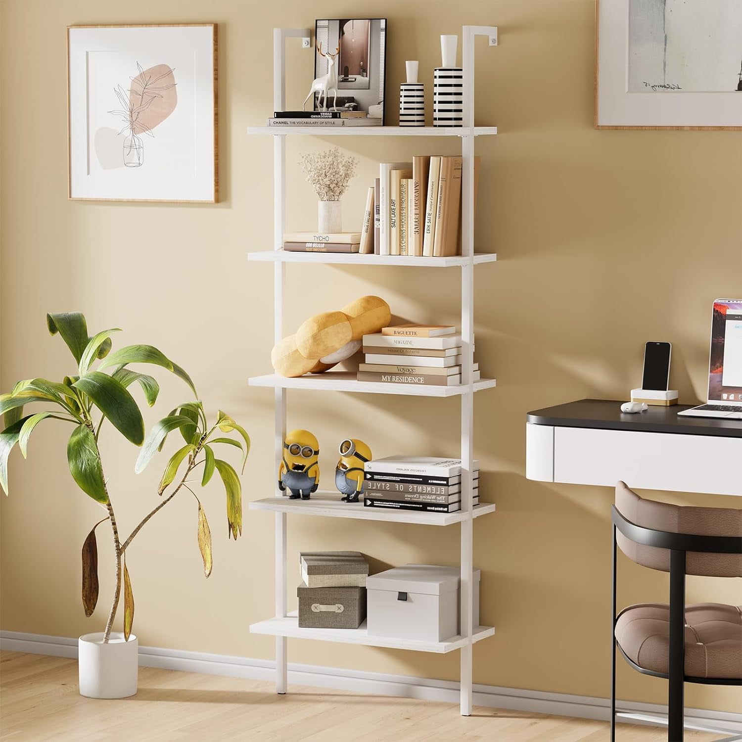 Free Shipping! Ladder Shelf White Wooden Open Bookshelf 5Tier Wall