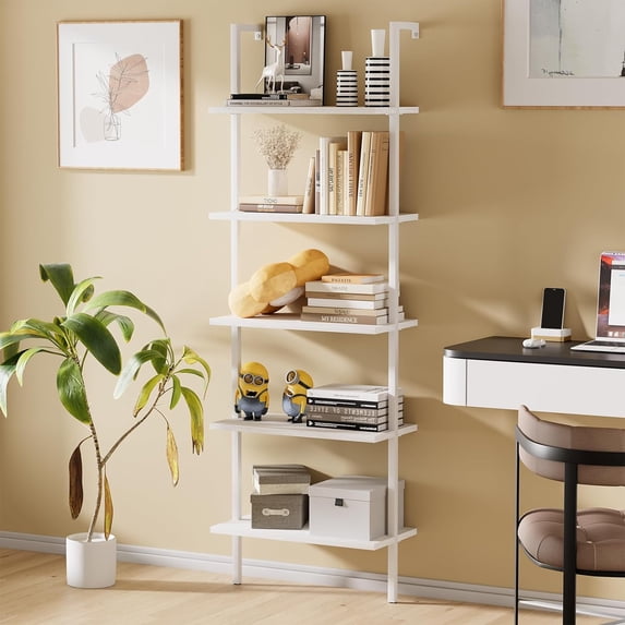 Ladder Shelf White Wooden Open Bookshelf 5-Tier Wall-Mounted Wood Rack Industrial Modern Plant Flower Stand Utility Organizer Bookcase Metal Frame Furniture Office Kitchen Bedroom