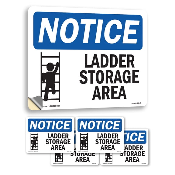 Ladder Storage Area With Symbol OSHA Notice Vinyl Decal Label 5 Inch x 3.5 Inch - 5 Pack