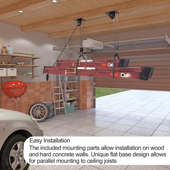 Ladder Storage, Larger Pulley Ladder Hoist, Self Locking Function Ladder Hanger, Garage Ceiling Mount Lift System for Kayak, Cargo Box, Canoe, Bike, Fit 10-14 Foot Ceilings, Hold 150 lbs