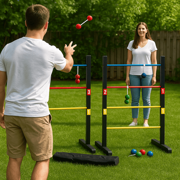 Ladder Toss Game Set  Outdoor Bolaball Yard Game, Lawn Toss Game with Ladder Targets & Soft Bola Balls  Backyard Party Game, Beach, Tailgating, Camping, Family Fun, Portable & Easy Setup