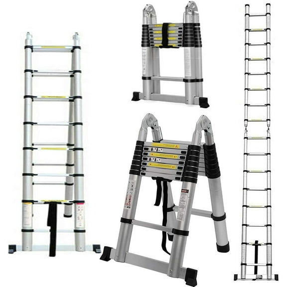 Ladders Telescoping Ladder 16.5 FT A-Frame Extension Ladder Rubber Feet mit Ladder Stabilizer Aluminum Multi-Purpose Lightweight Compact Ladders Step Climb Ladder for Home Garage, 330lb Load Capacity