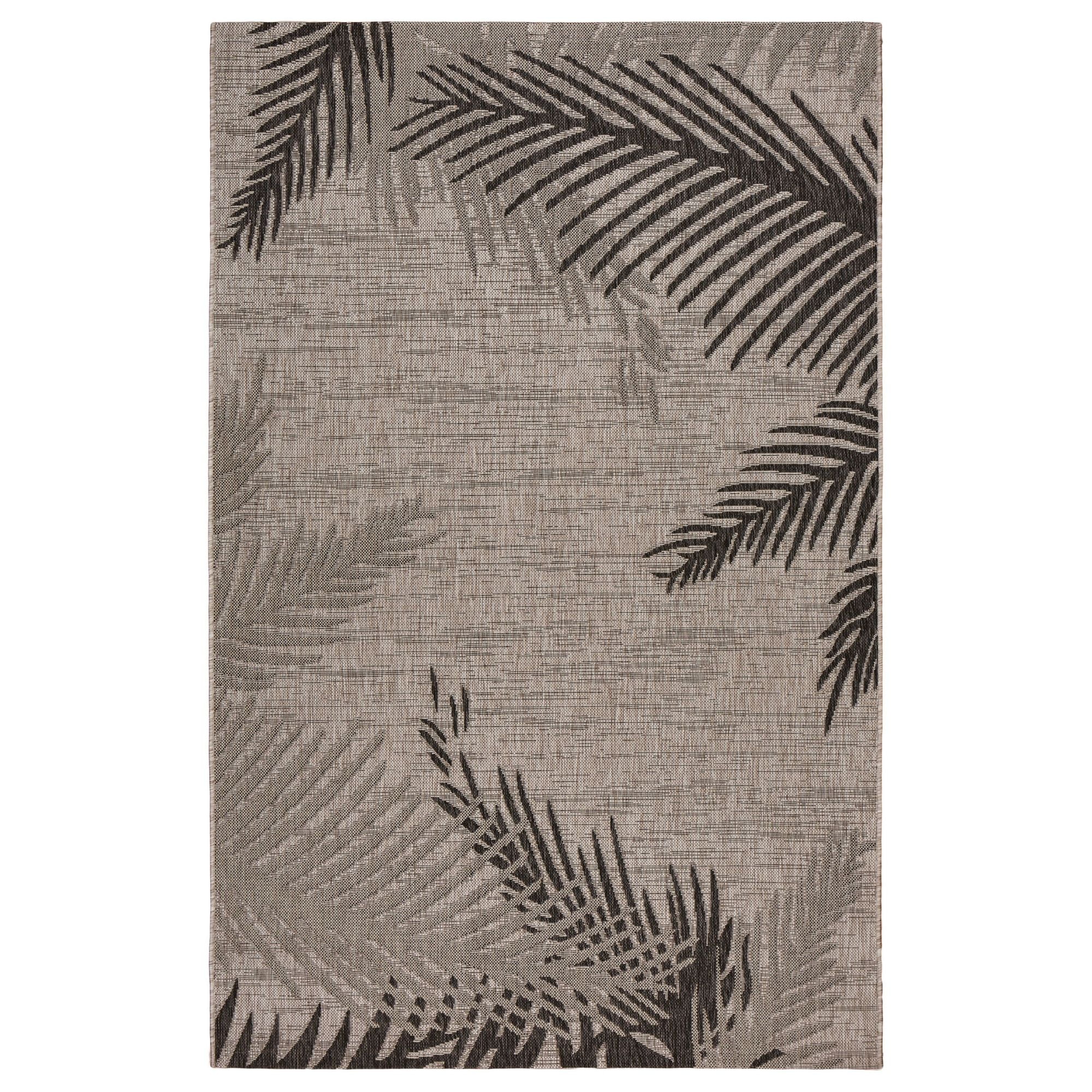 Beige and Black Palm Design Rectangular Synthetic Outdoor Rug