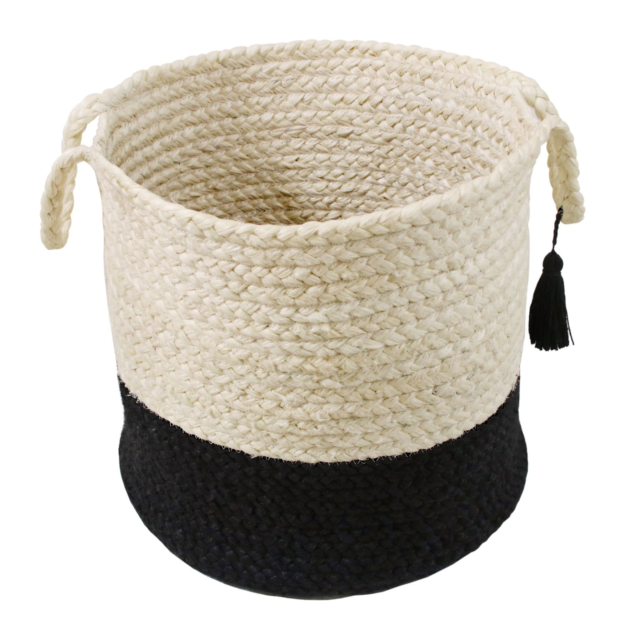 17" Cream and Black Round Jute Storage Basket