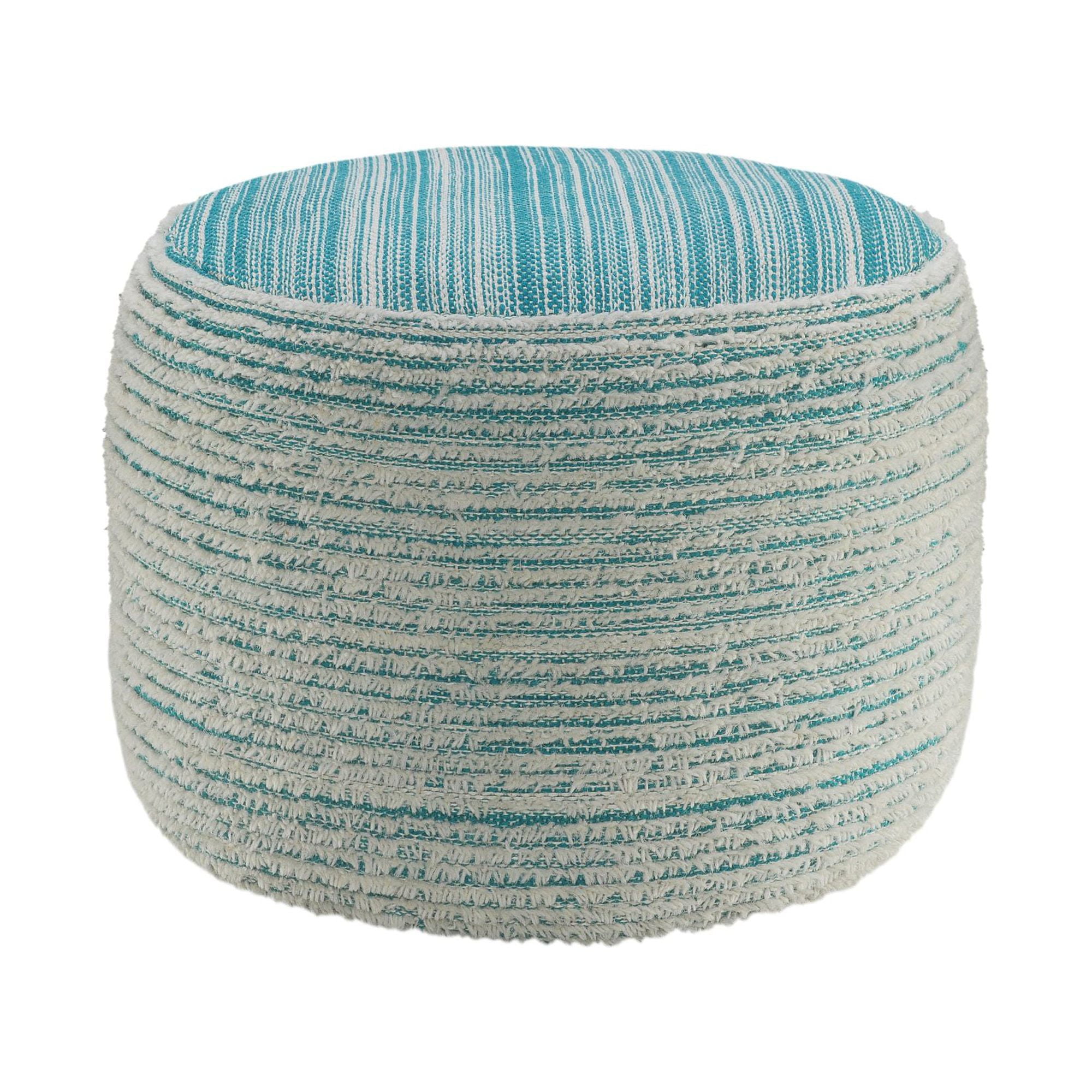 Aqua and White Textured Polyester Round Pouf Ottoman