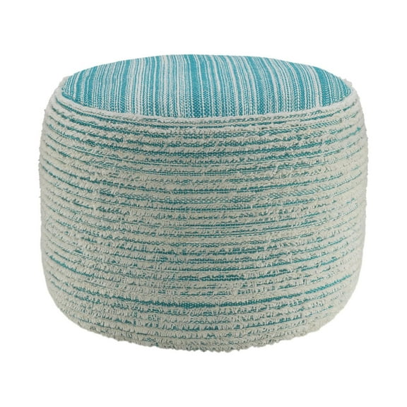 Laddha Home Designs 18" Aqua Blue and White Distressed Round Pouf Ottoman