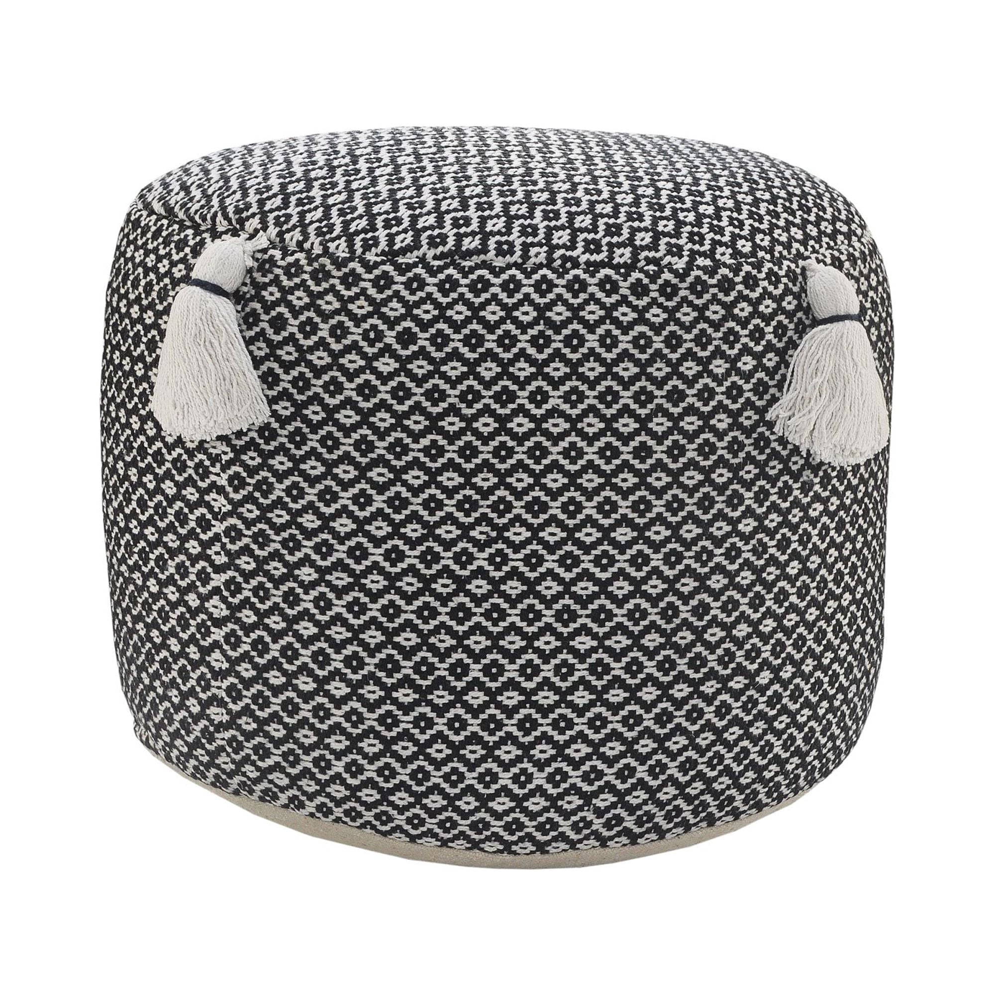 Laddha Home Designs 18" Black and White Geometric Handcrafted Round Pouf Ottoman with Tassels ...