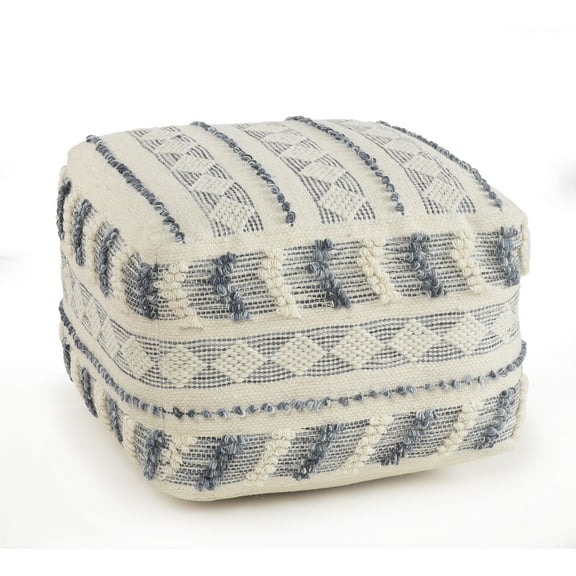 Laddha Home Designs 18" Cream and Navy Geometric Tufted Square Wool Pouf Ottoman