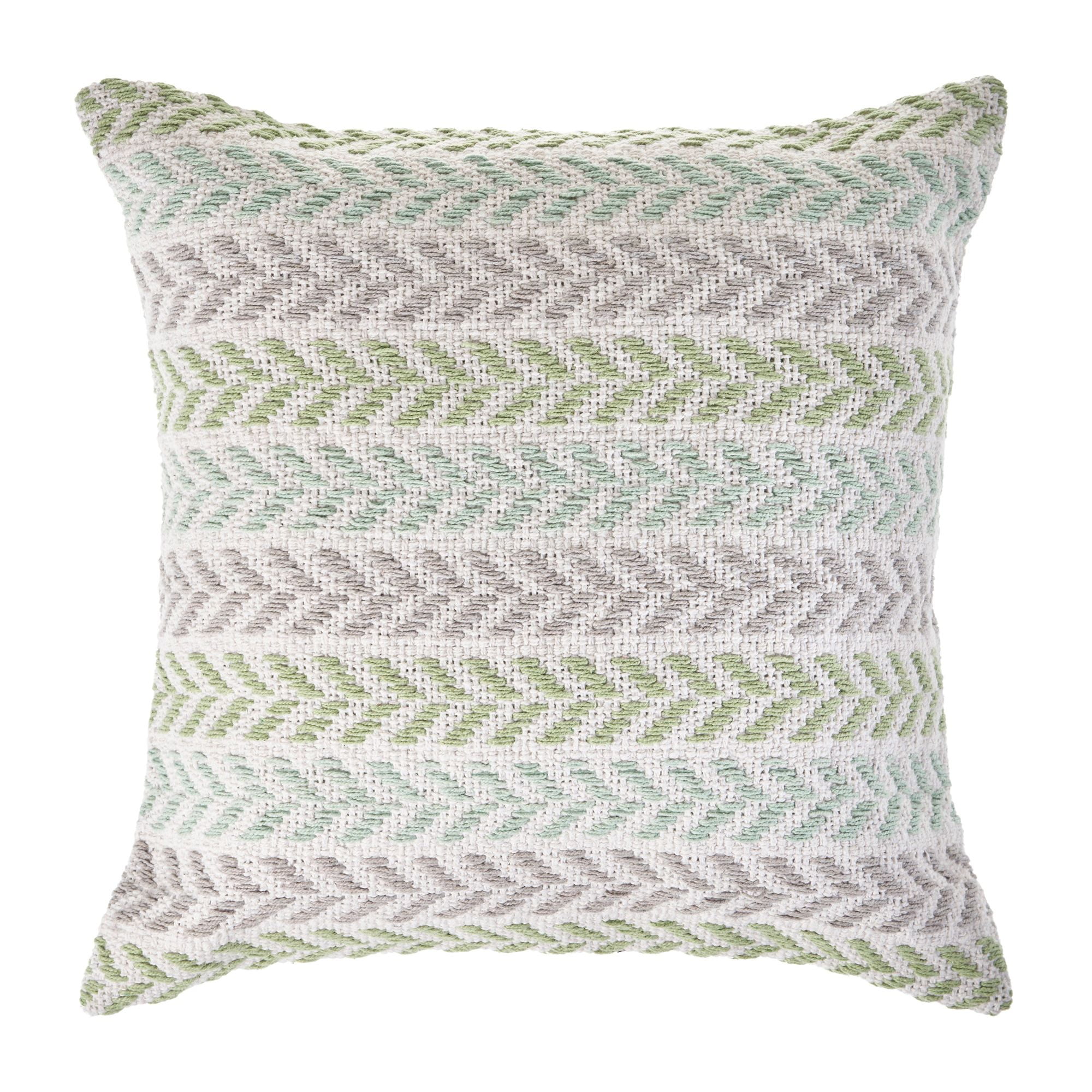 18" Green and Beige Hand Woven Chevron Square Throw Pillow