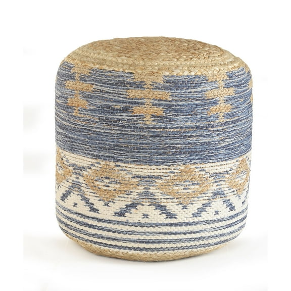 Laddha Home Designs 18" Navy Blue and Brown Geometric Jute Round Pouf Ottoman