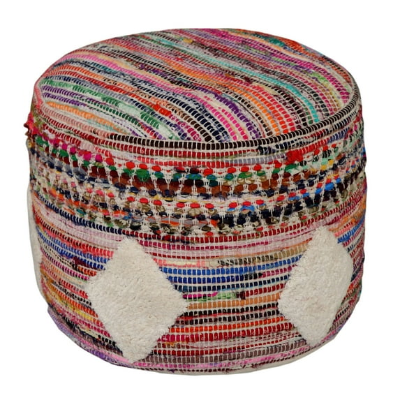 Laddha Home Designs 18" Red and Beige Geometric Boho Hand Loomed Round Pouf Ottoman