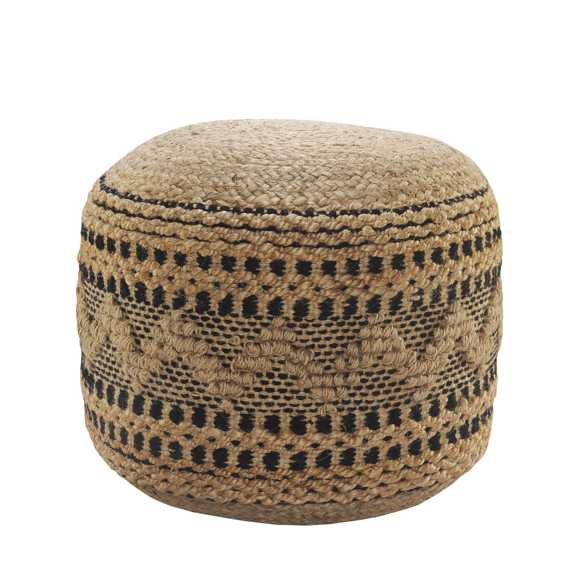 Tan and Black Hand-Woven Jute Cotton Round Pouf